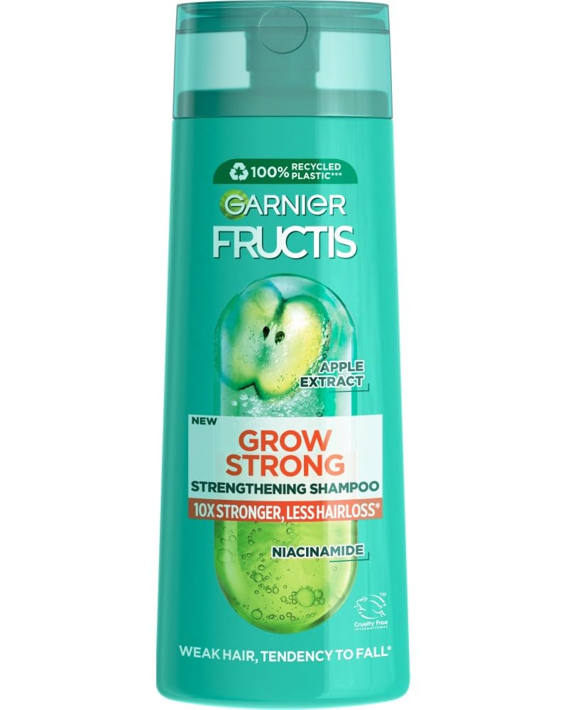 Garnier Fructis Grow Strong shampoo bottle front view showcasing the strengthening formula