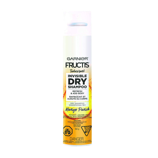 Garnier Fructis Mango Punch dry shampoo bottle refreshing oily roots.