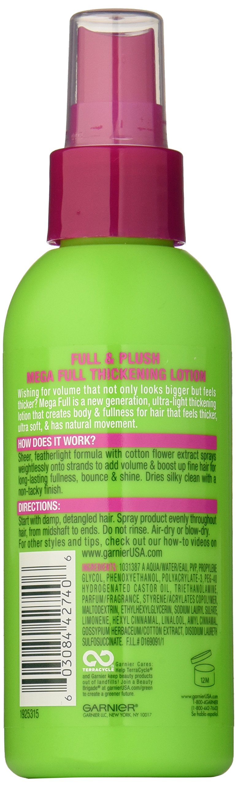 Garnier Fructis Style Mega Full spray in action delivering lightweight application for lasting fullness.