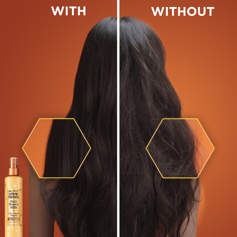 Garnier Whole Blends honey and beeswax indicate nourishing frizz control in action.