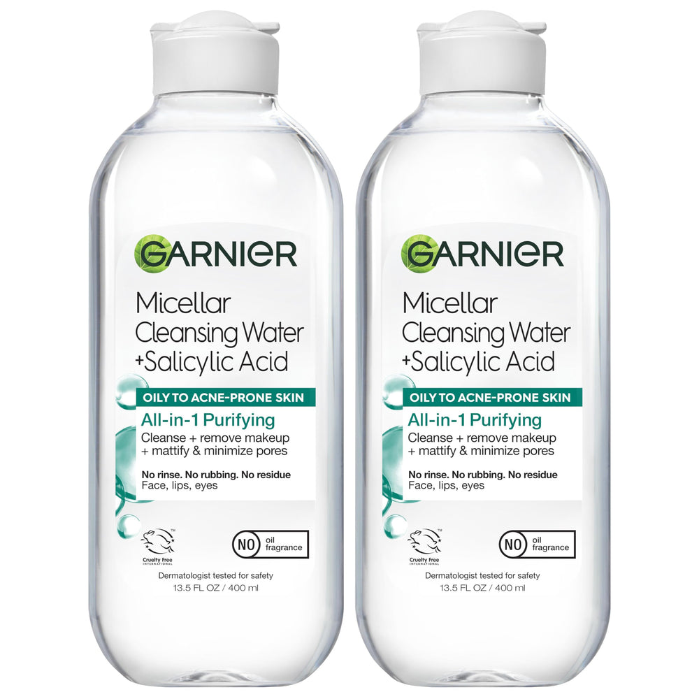 Garnier Micellar Water bottle with salicylic acid for oil control.