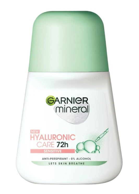 Garnier Mineral Hyaluronic Roll-On bottle close-up for sensitive skin comfort
