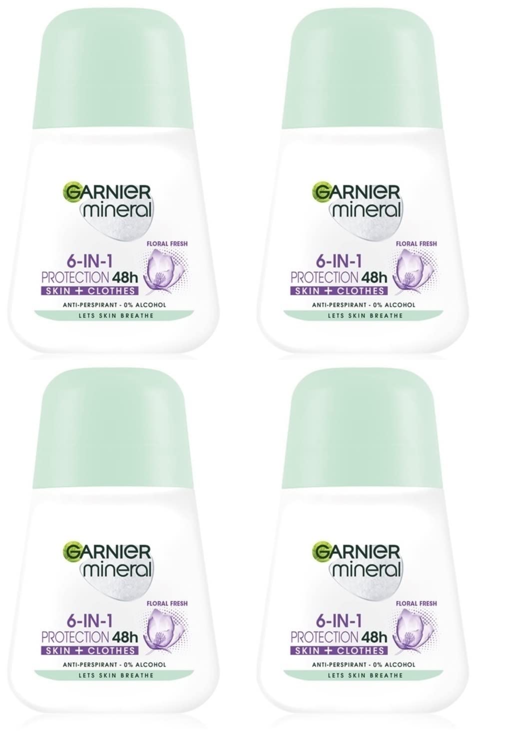 Garnier Mineral Protection 6 floral fresh roll-on bottle on display, all-day dryness potential