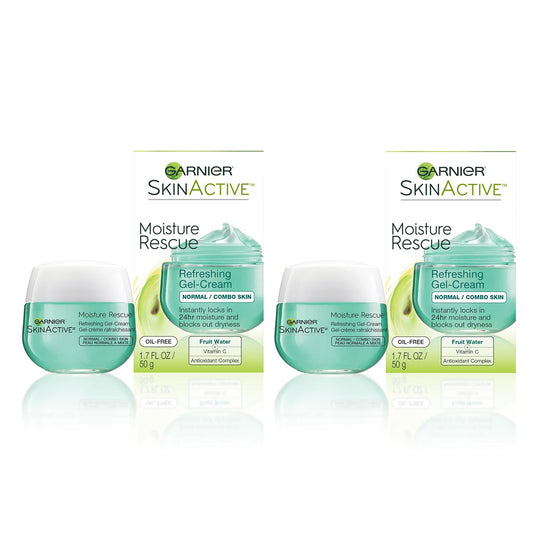 Garnier Moisture Rescue refreshing gel-cream bottle closeup promotes lightweight, oil-free hydration for normal/combination skin.