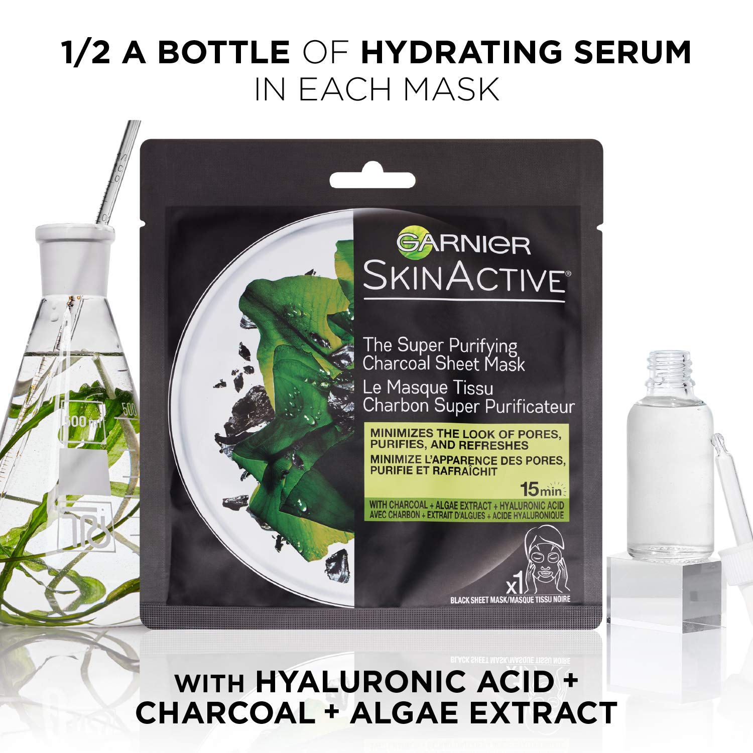 Garnier SkinActive charcoal sheet mask on face with minimized pores.