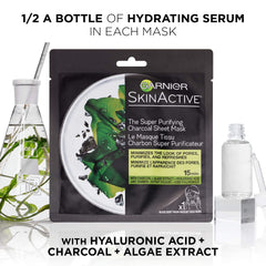 Garnier SkinActive charcoal sheet mask on face with minimized pores.