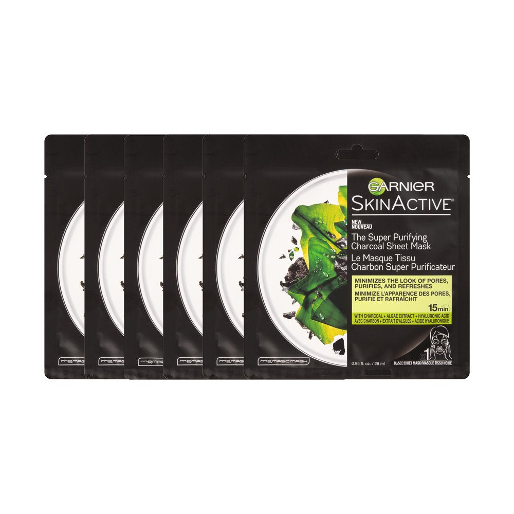 Garnier SkinActive charcoal sheet mask packaging ready for pore purification.