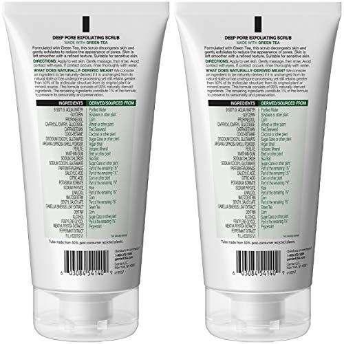 Garnier SkinActive green tea scrub close-up shows exfoliating particles for smoother skin.