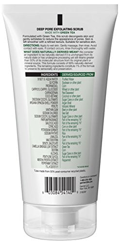 Close-up of green tea particles in Garnier scrub for gentle exfoliation.