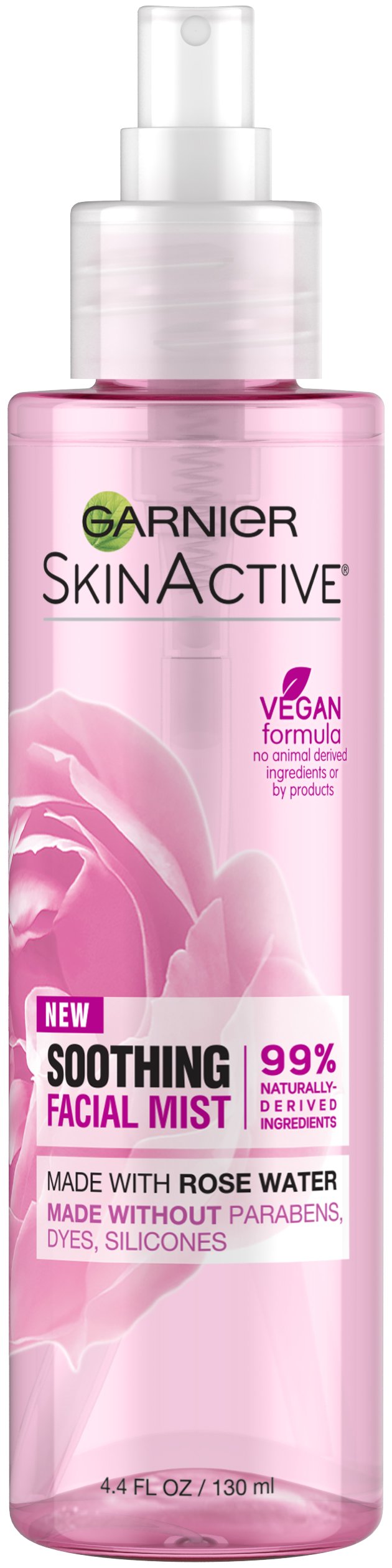 Garnier SkinActive Rose Water Mist bottle closeup for refreshing hydration.