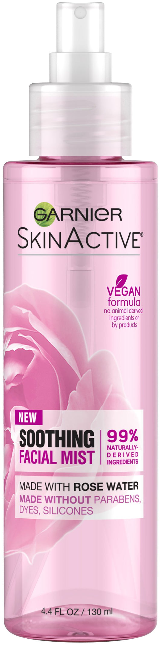 Garnier SkinActive Rose Water Mist bottle closeup for refreshing hydration.