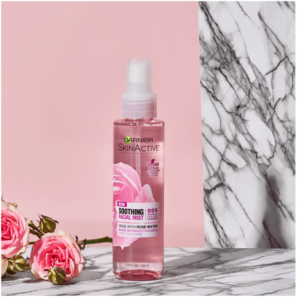 Garnier SkinActive Rose Water Mist ingredients list displayed.