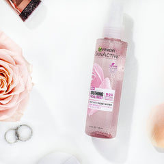 Garnier SkinActive Rose Water Mist closeup of rose-based hydration.