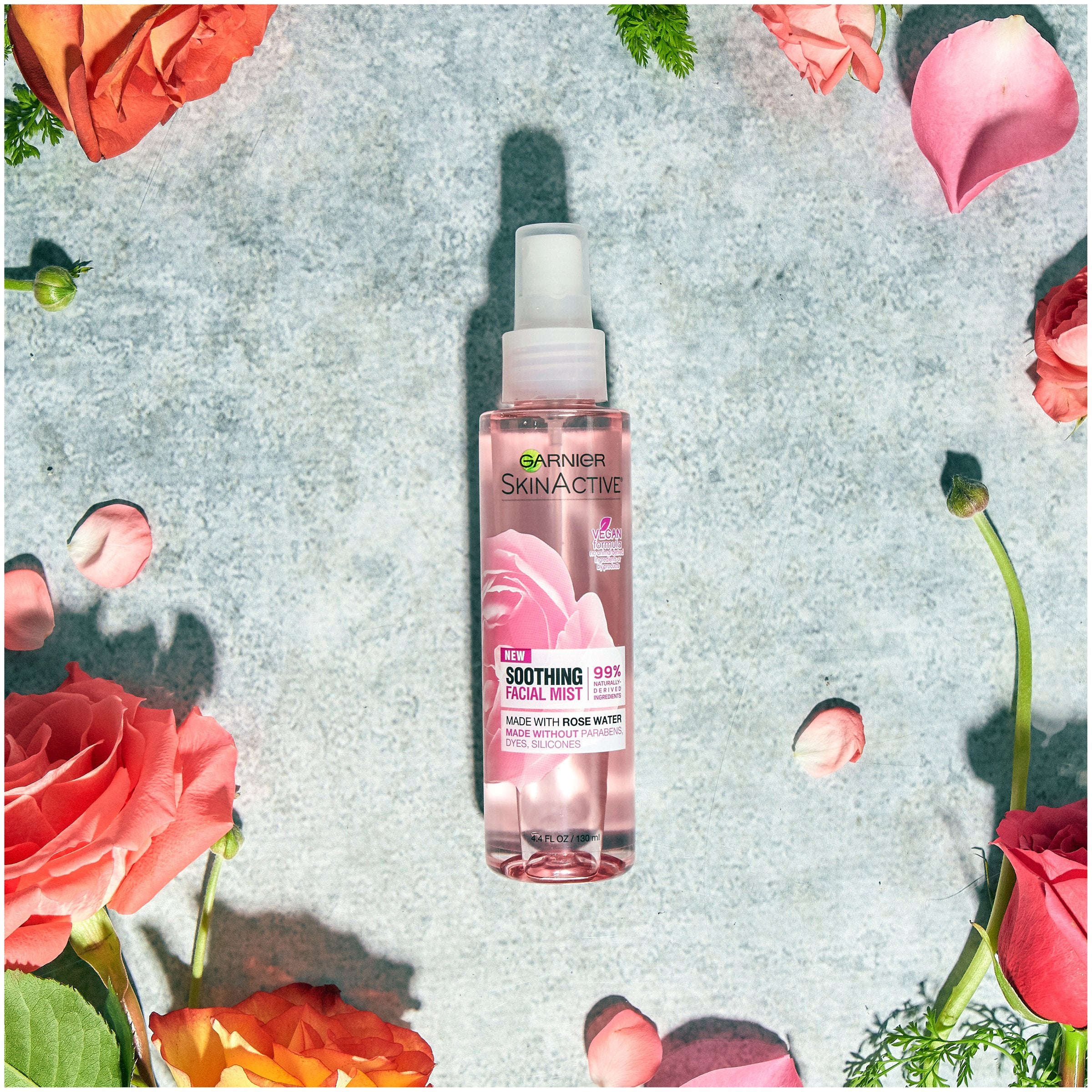 Garnier SkinActive Rose Water Mist skin hydration scene.