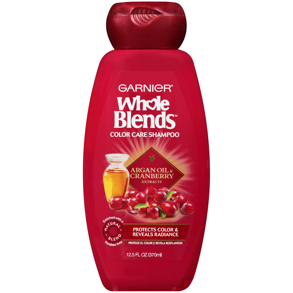 Garnier Whole Blends Color Care Shampoo bottle highlights color protection and radiance.