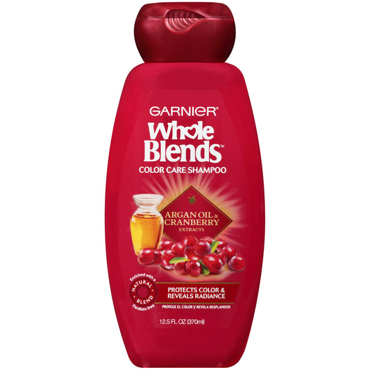 Garnier Whole Blends Color Care Shampoo bottle highlights color protection and radiance.