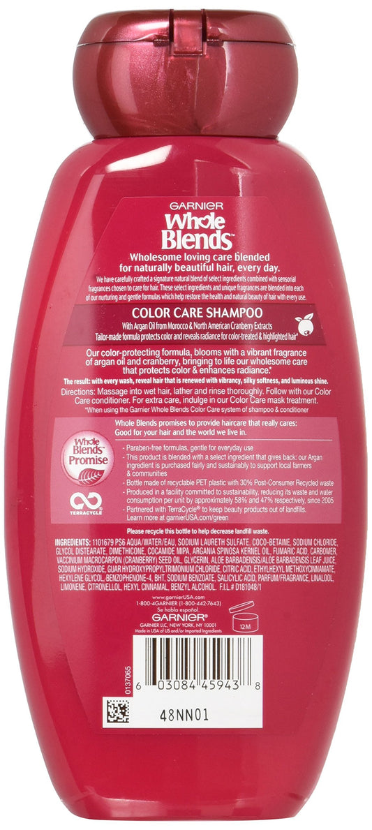 Garnier Whole Blends Color Care Shampoo label shows cranberry extracts for vibrant color.