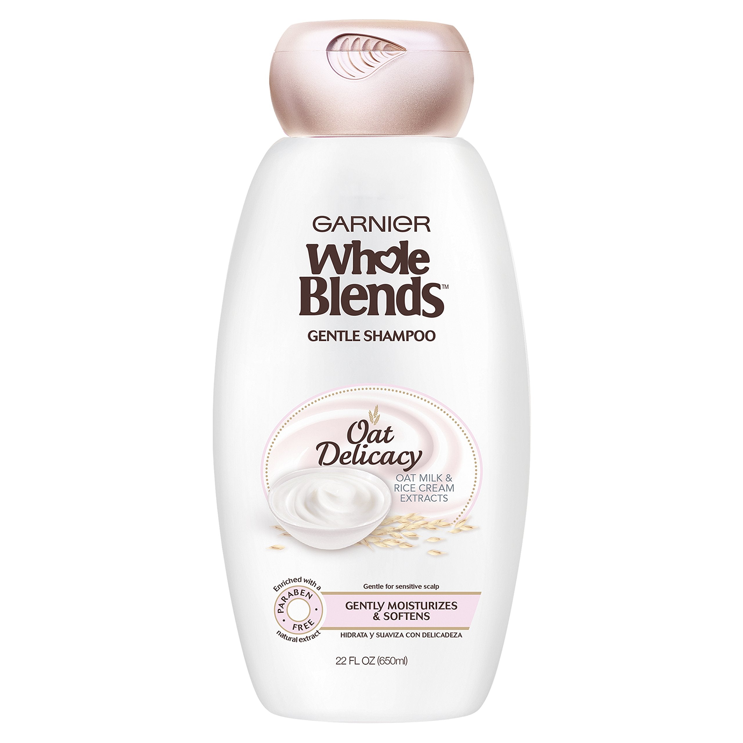 Garnier Whole Blends Gentle Shampoo Oat Delicacy bottle for gentle hydration on sensitive scalps.