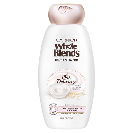 Garnier Whole Blends Gentle Shampoo Oat Delicacy bottle for gentle hydration on sensitive scalps.