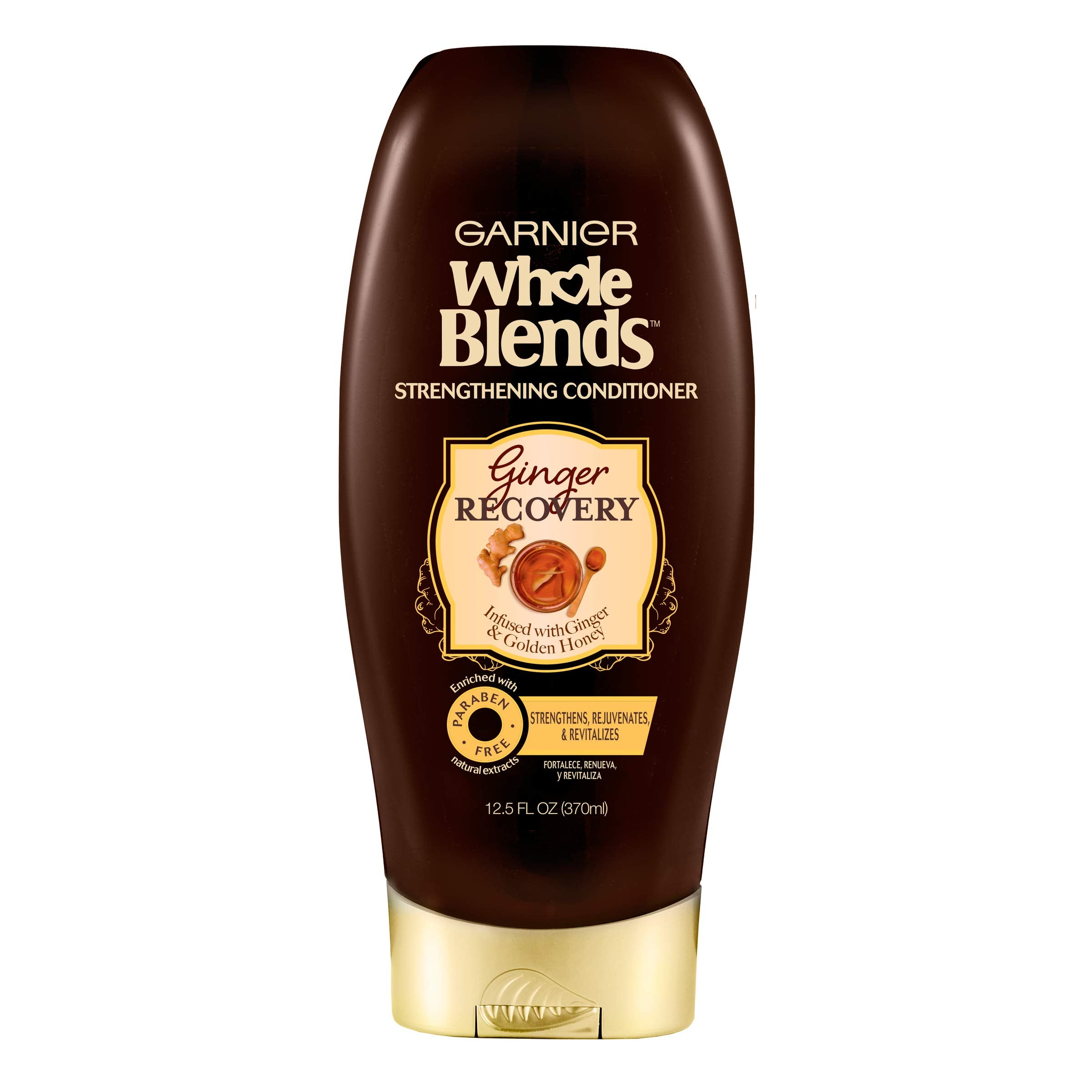 Garnier Whole Blends Ginger Recovery Conditioner bottle front for daily revitalization.