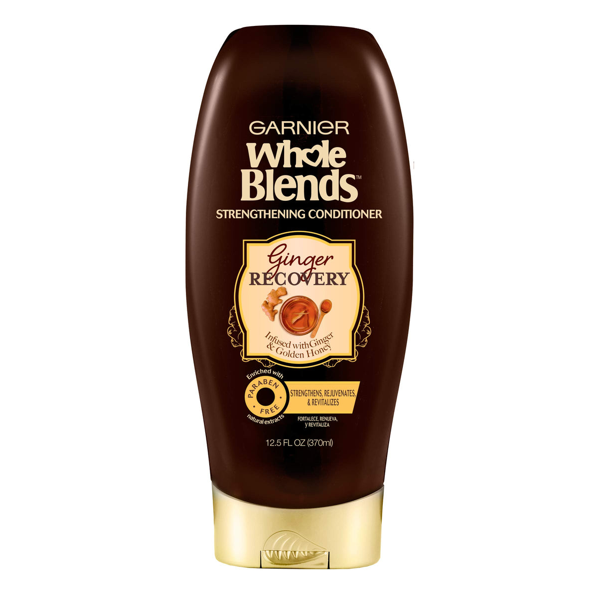 Garnier Whole Blends Ginger Recovery Conditioner bottle front for daily revitalization.