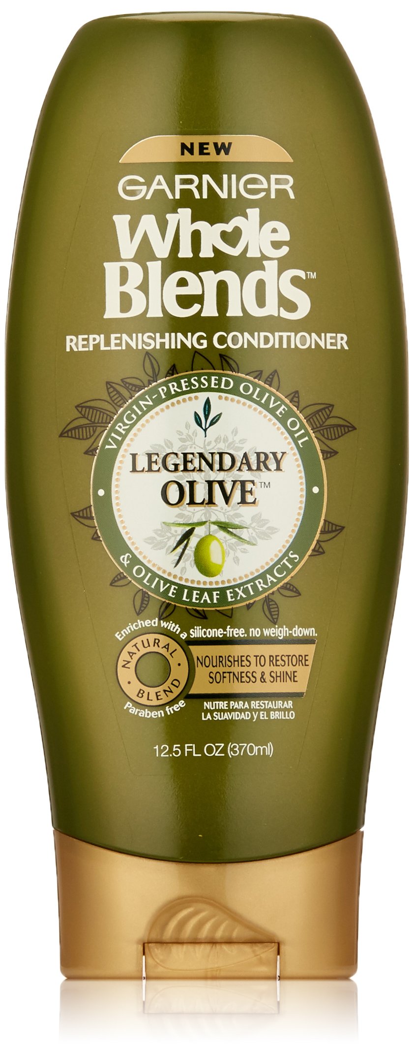Garnier Whole Blends Legendary Olive conditioner bottle provides nourishing care for dry hair.