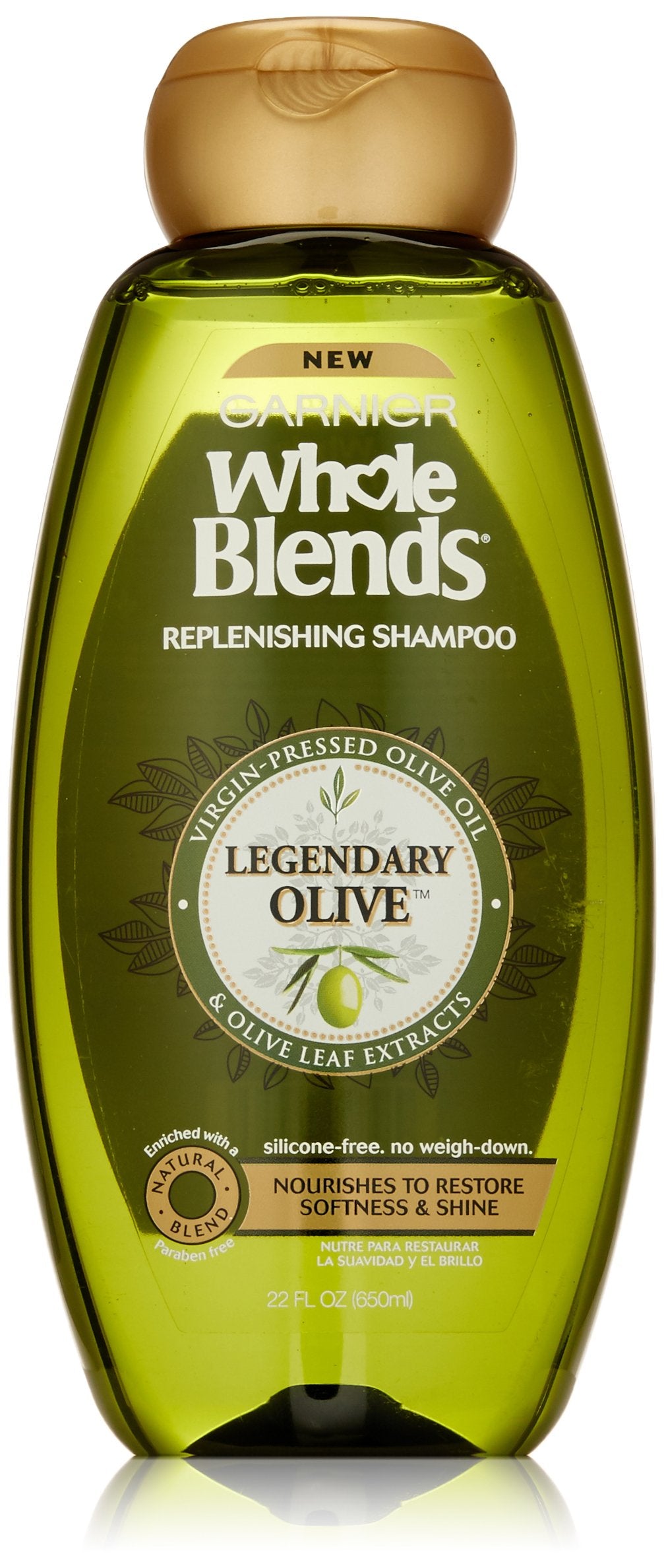 Garnier Whole Blends Legendary Olive shampoo bottle with nourishing formula for dry hair