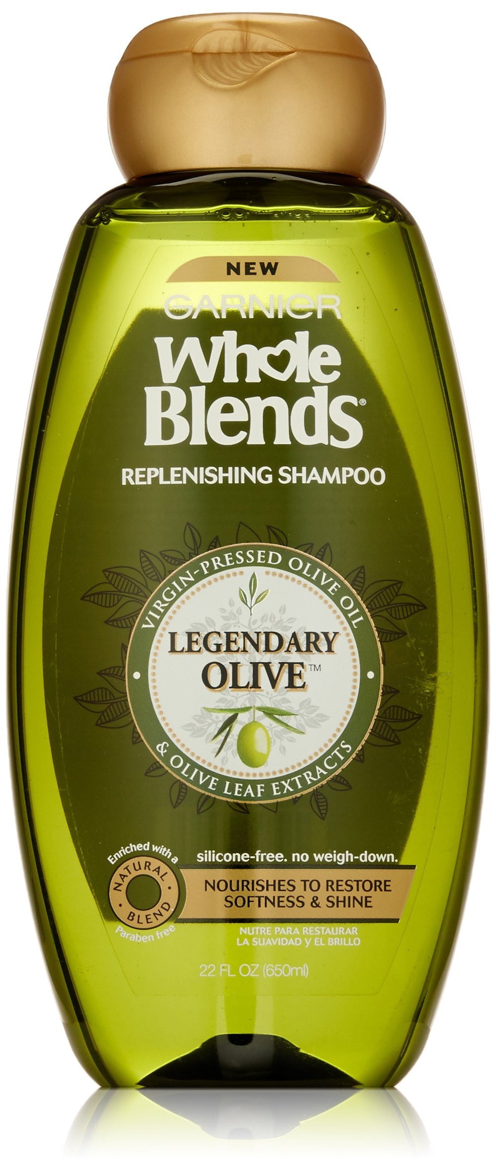 Garnier Whole Blends Legendary Olive shampoo bottle with nourishing formula for dry hair