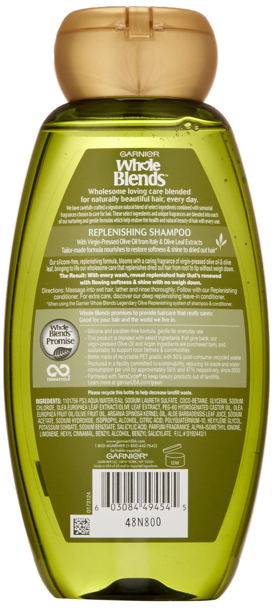 Garnier Whole Blends Legendary Olive shampoo creamy lather highlights gentle daily care.
