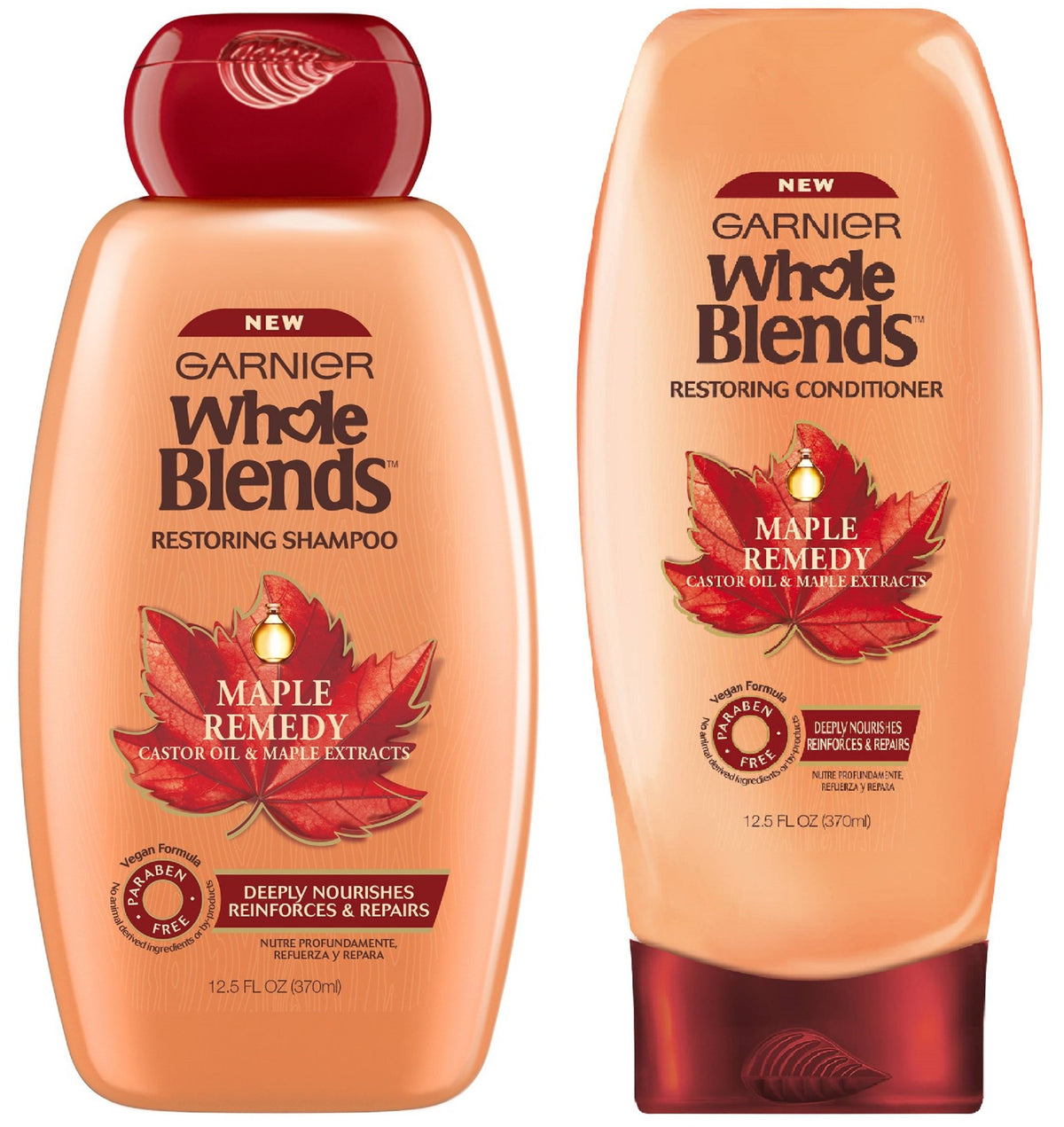 Garnier Whole Blends Maple Remedy shampoo bottle with nourishing formula for hydrated hair