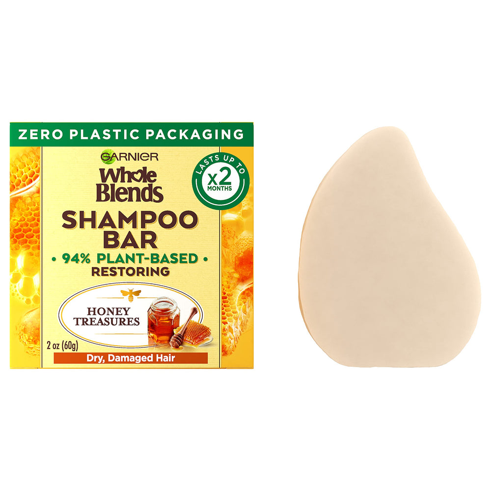 Garnier Whole Blends Restoring Honey Treasures bar front view in eco packaging, eco-friendly routine.