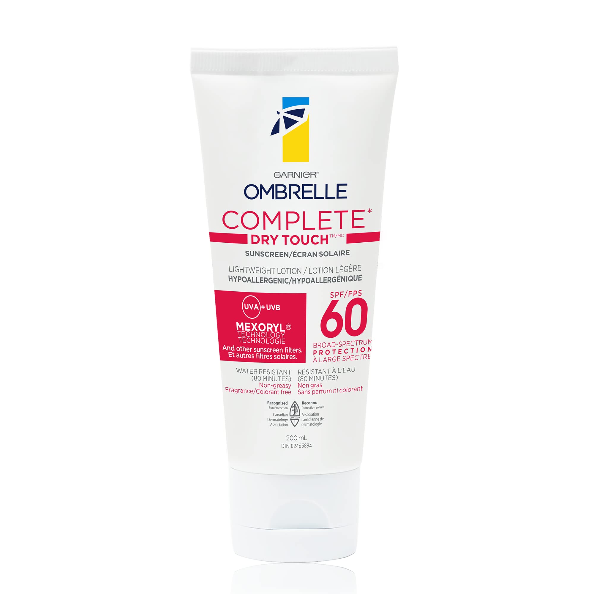 Garnier Ombrelle complete bottle shows SPF 60 protection with a light, non-greasy finish.