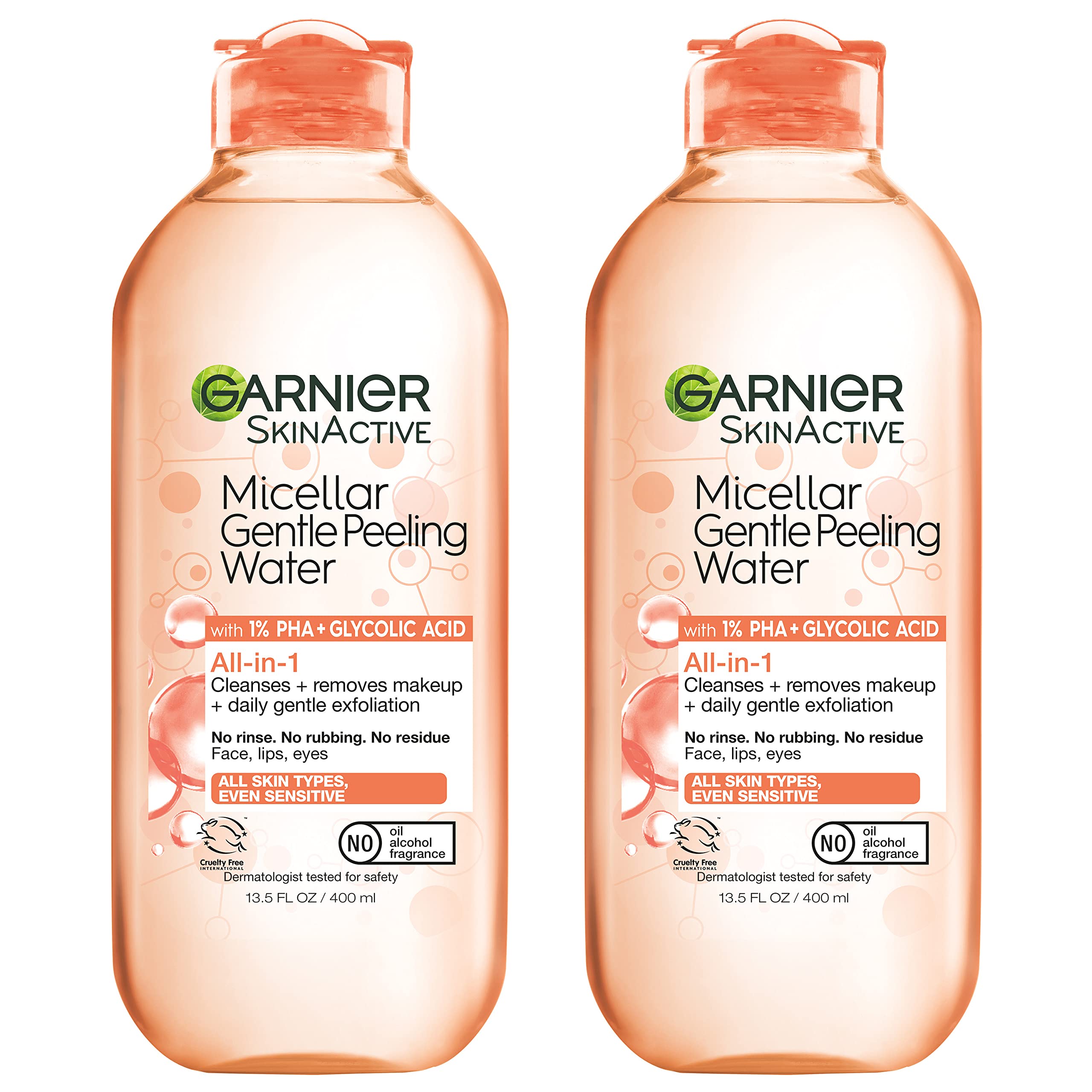 Garnier SkinActive Gentle Peeling Micellar Water bottle front, showing dual-pack for easy exfoliating cleanses.