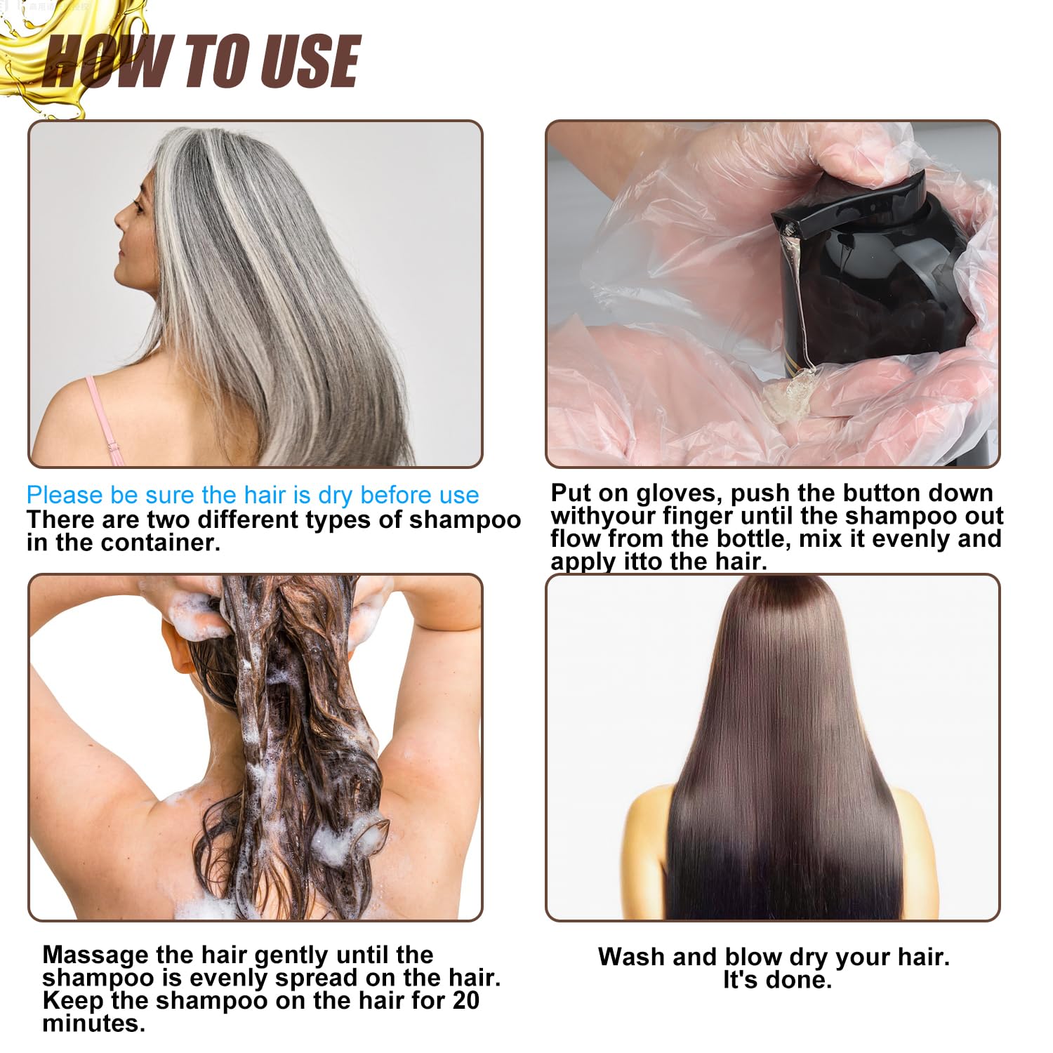 GDRFNP Hair Dye Shampoo color-coverage dark brown result after use.
