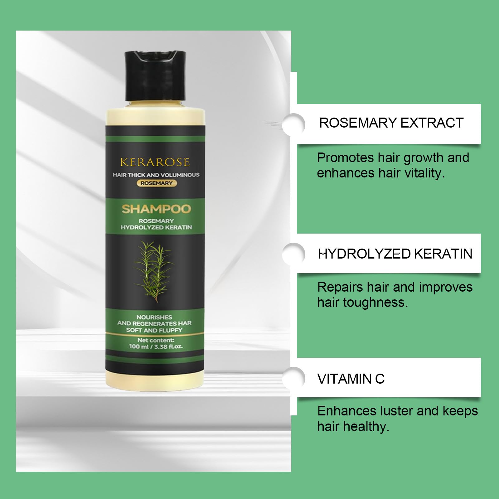Packaging of GDS Kerarose Rosemary Shampoo highlighting design