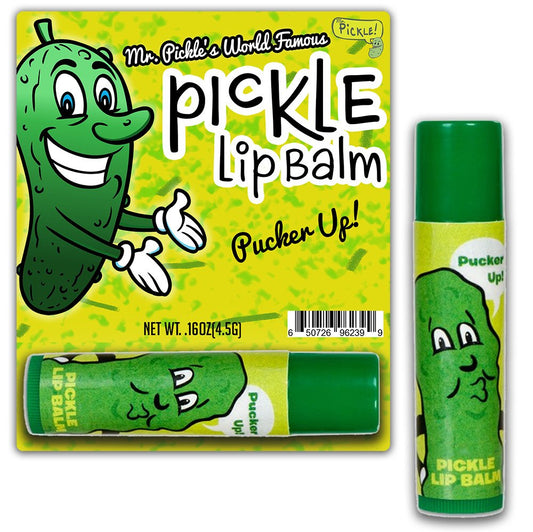 Gears Out Dill Pickle Lip Balm in a green tube offers playful, flavorful lip care.