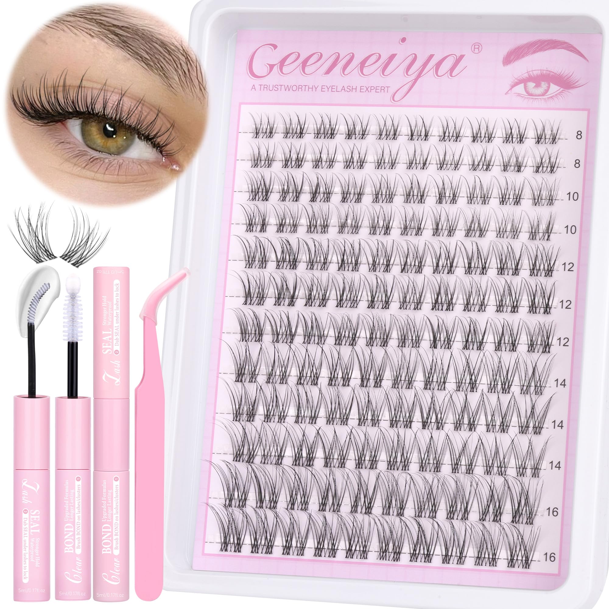 Geeneiya clear-band lash clusters kit for 8–16mm lengths offers natural DIY extensions.