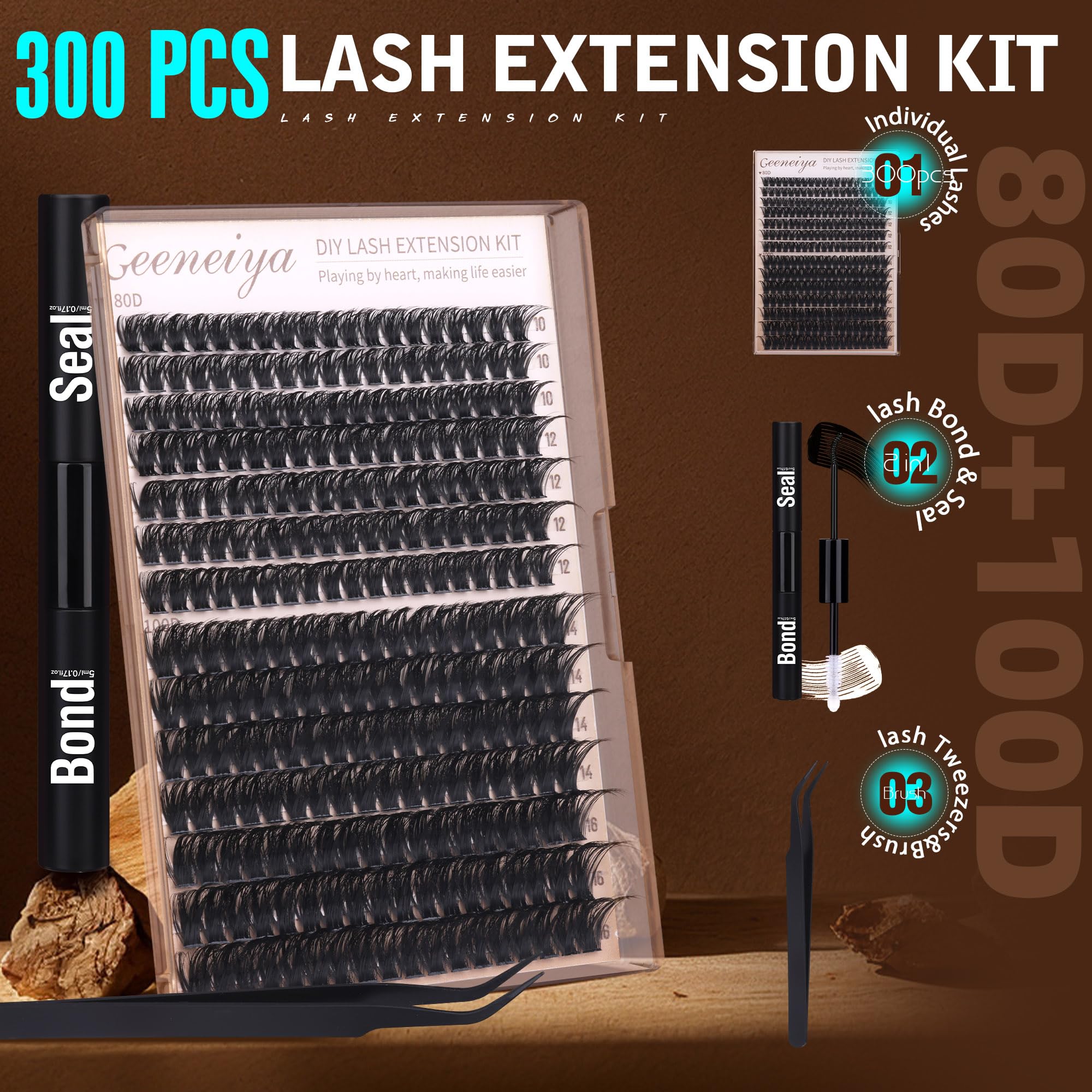 Geeneiya volume lash clusters kit packaging closeup with complete DIY lash set and tools
