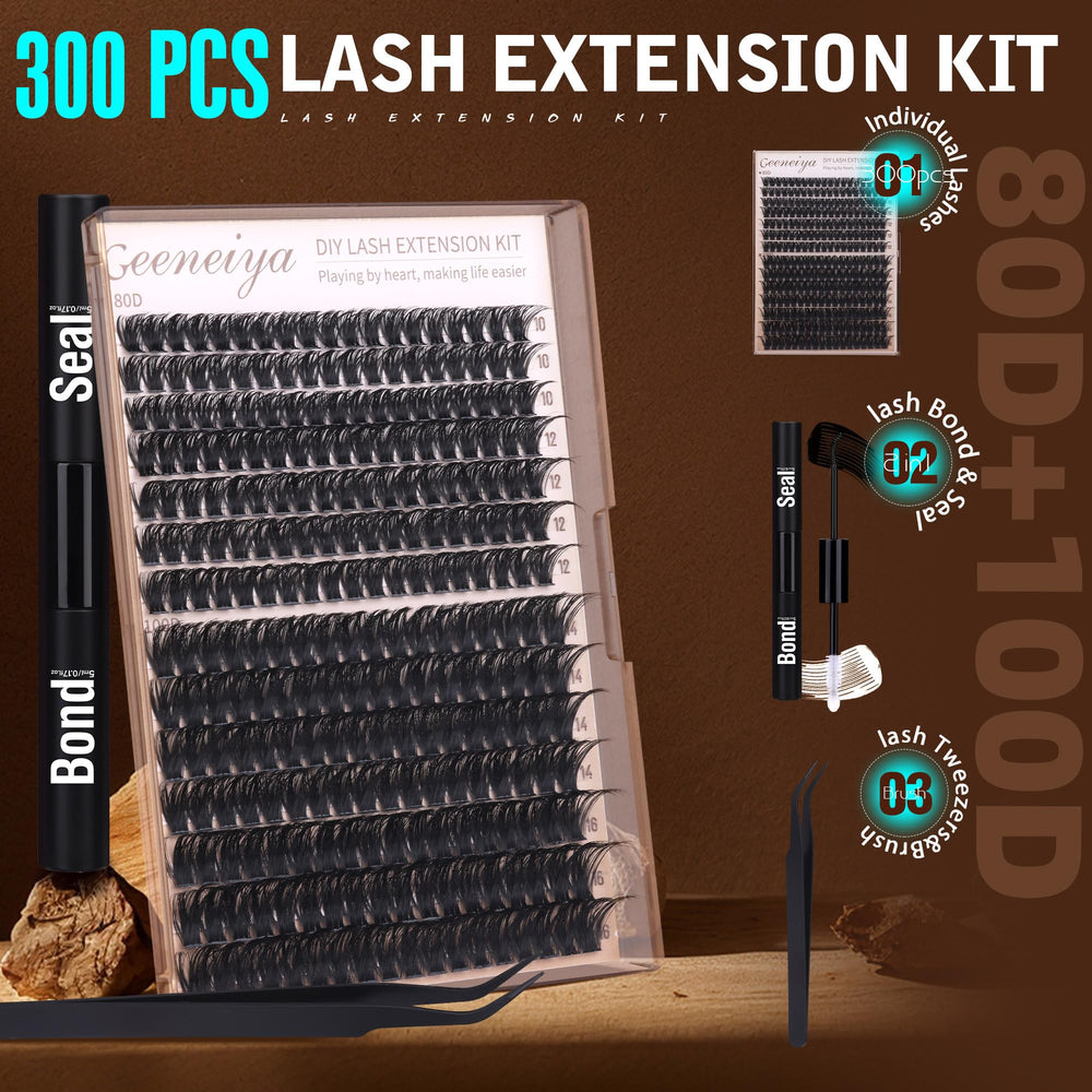Geeneiya volume lash clusters kit packaging closeup with complete DIY lash set and tools