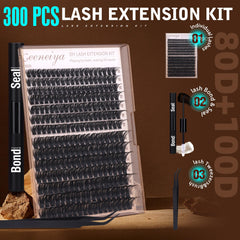 Geeneiya volume lash clusters kit packaging closeup with complete DIY lash set and tools