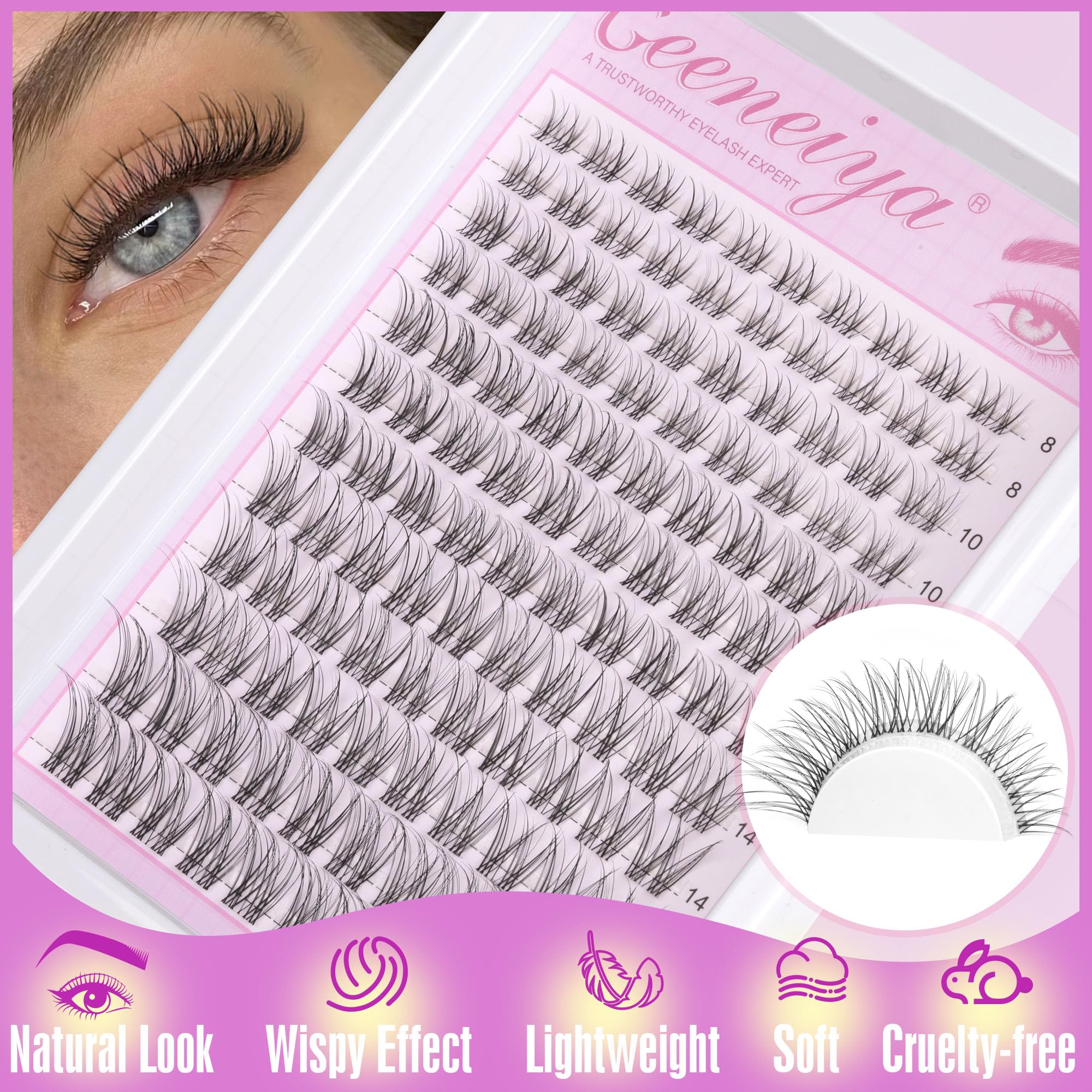 Geeneiya wispy 3D D-curl extensions add subtle volume.