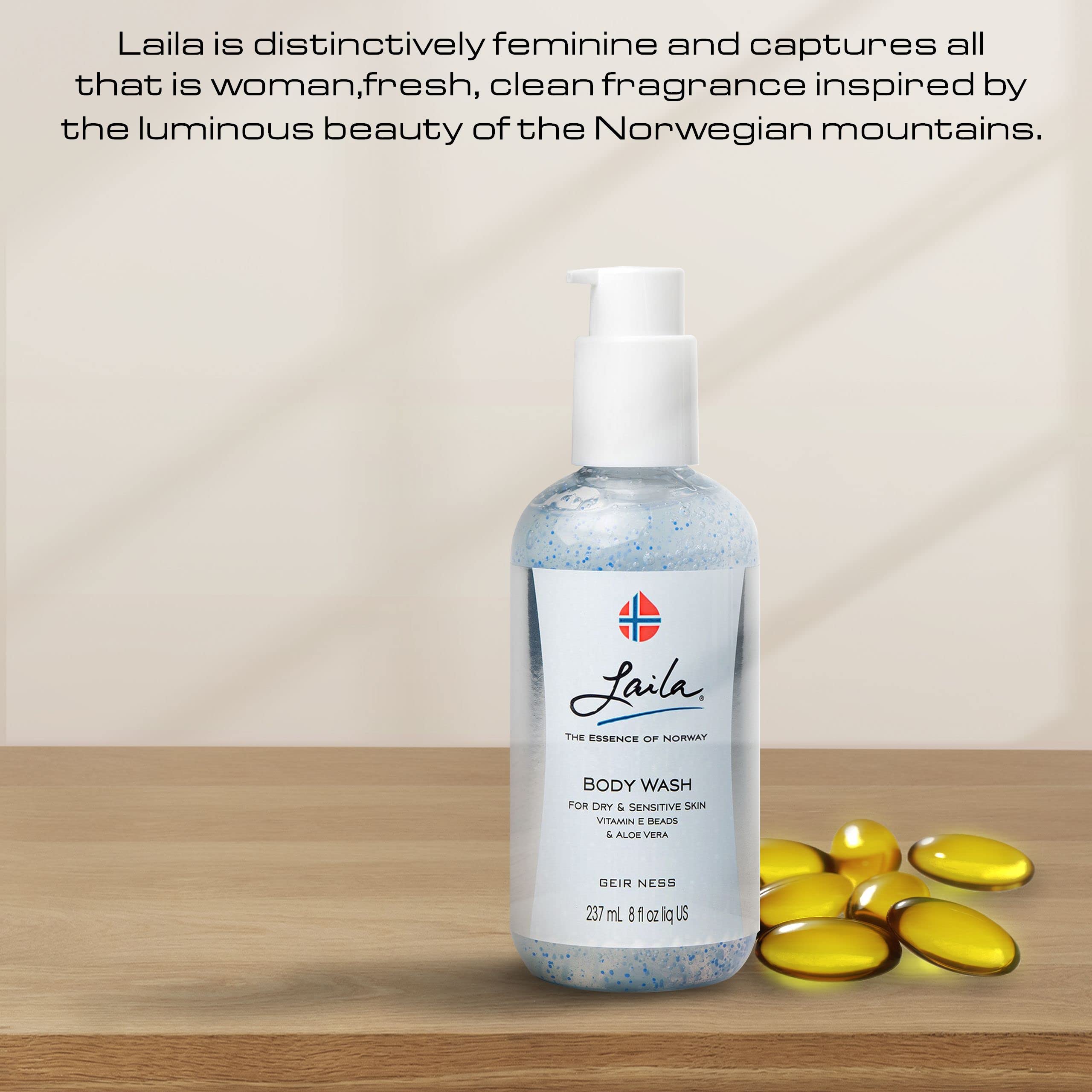 Fragrance note close-up of Geir Ness Laila Body Wash bottle.