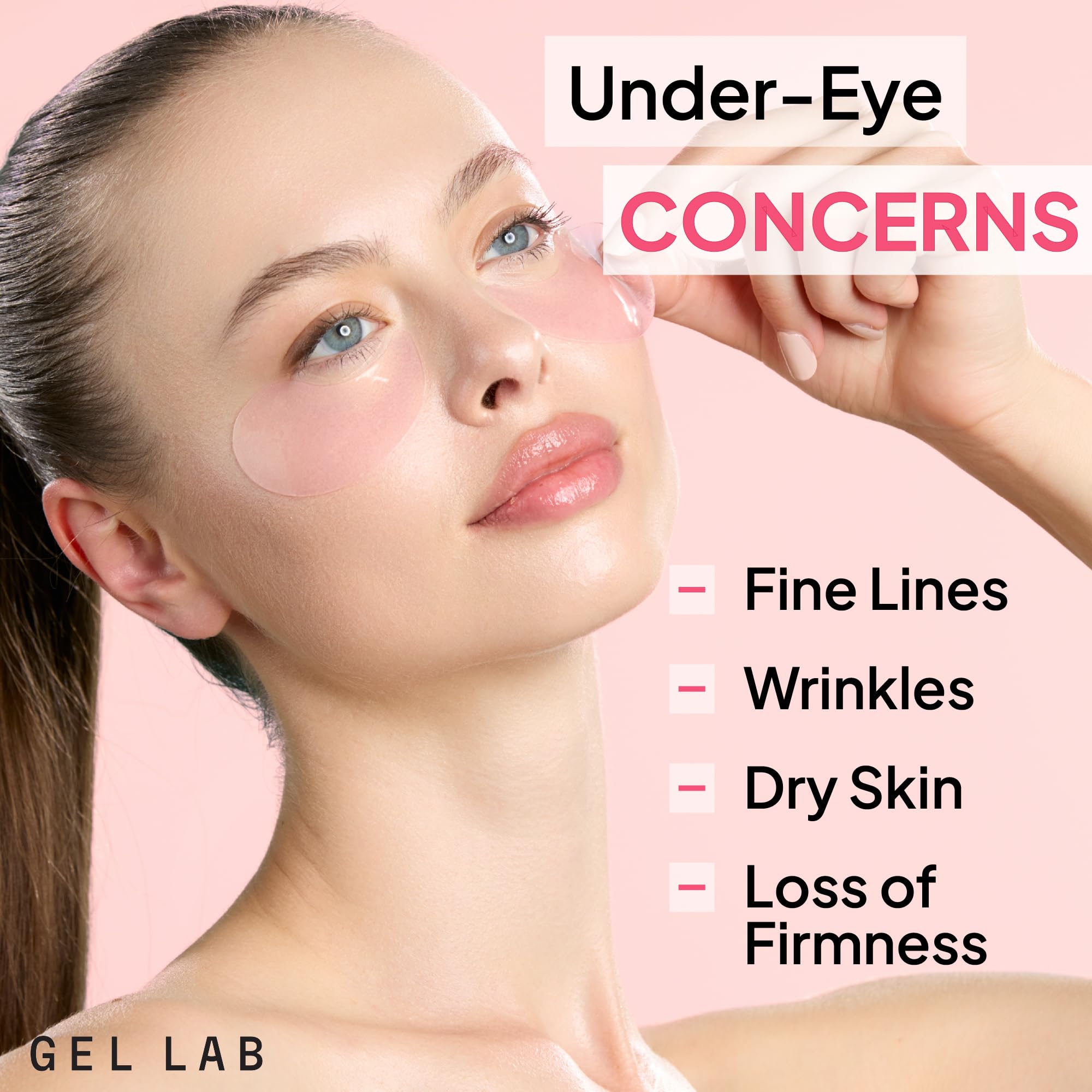 Gel Lab Renew collagen under-eye patches applied to under-eye area for firming