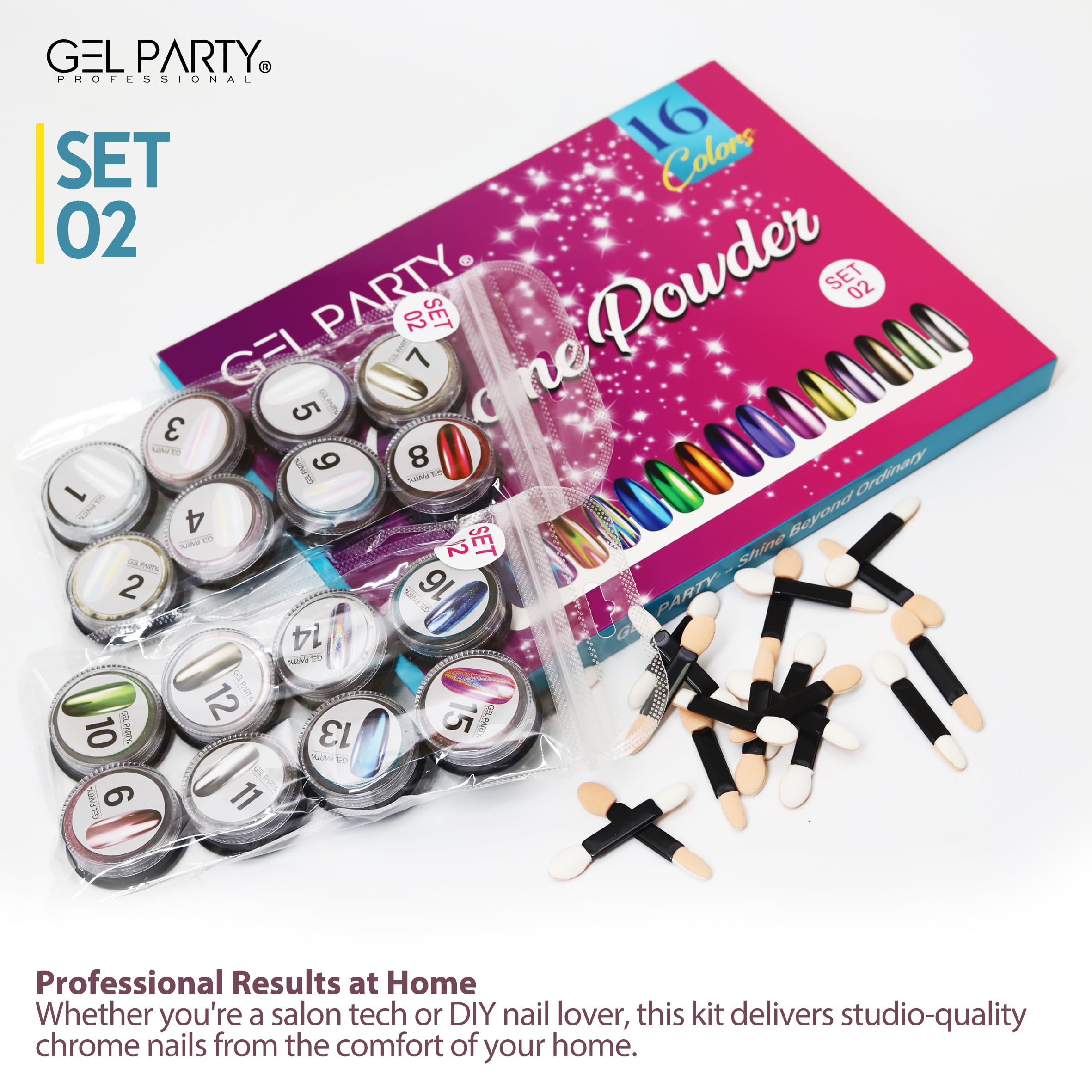 GEL PARTY chrome powder close-up showing reflective mirror finish for bold nails.