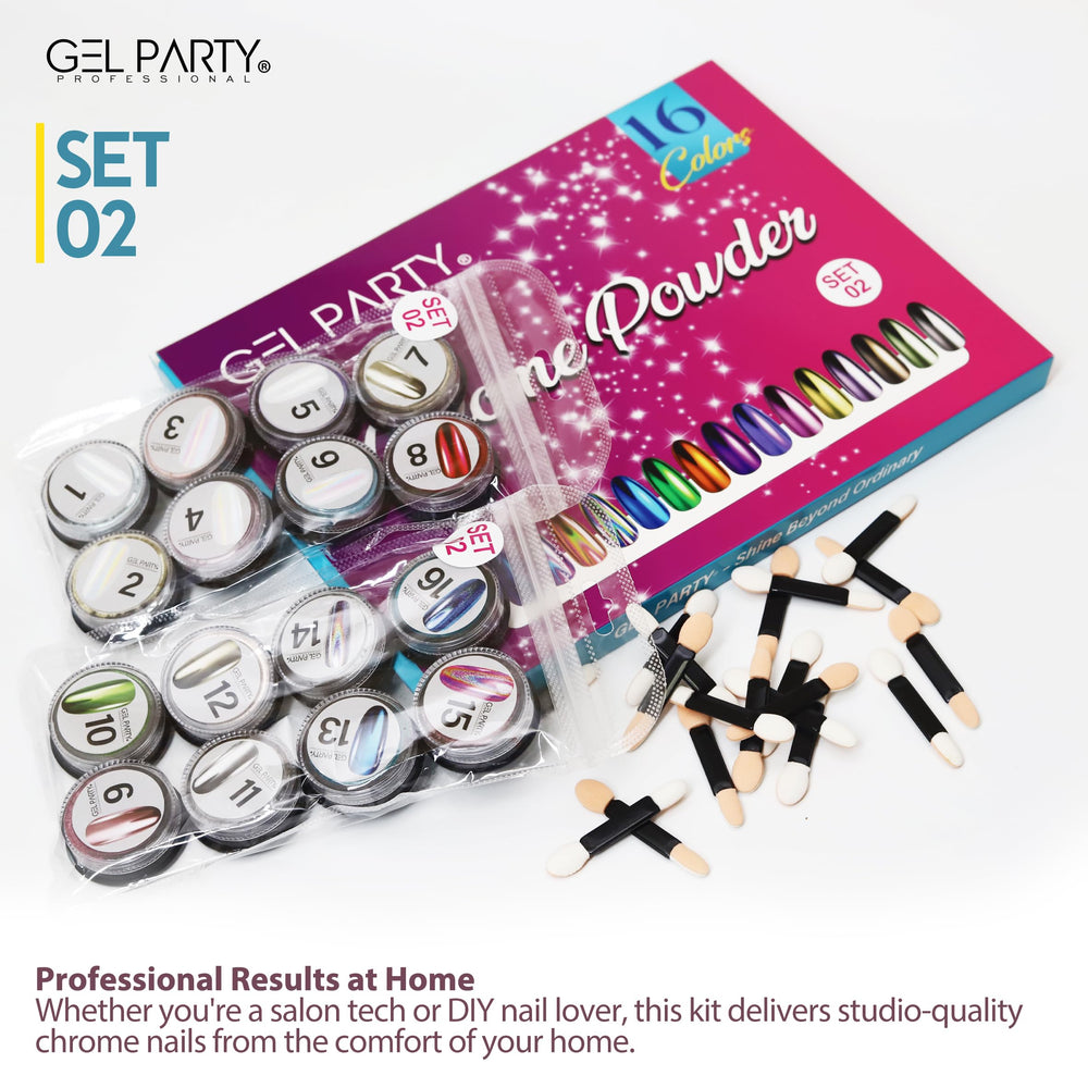 GEL PARTY chrome powder close-up showing reflective mirror finish for bold nails.