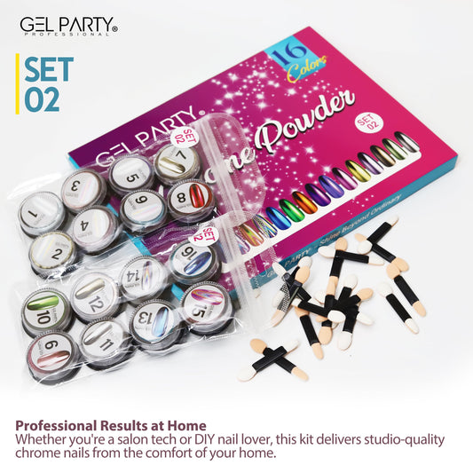 GEL PARTY chrome powder close-up showing reflective mirror finish for bold nails.