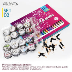 GEL PARTY chrome powder close-up showing reflective mirror finish for bold nails.