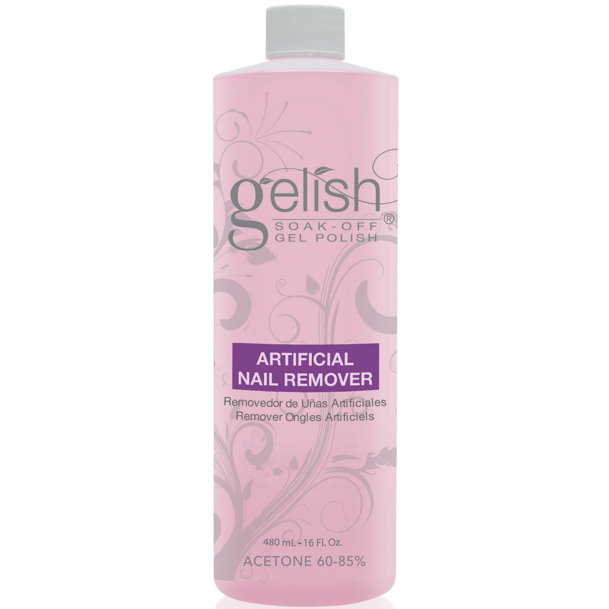 Gelish Artificial Nail Remover bottle showing fast, gentle polish removal for healthy nails.