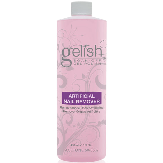 Gelish Artificial Nail Remover bottle showing fast, gentle polish removal for healthy nails.