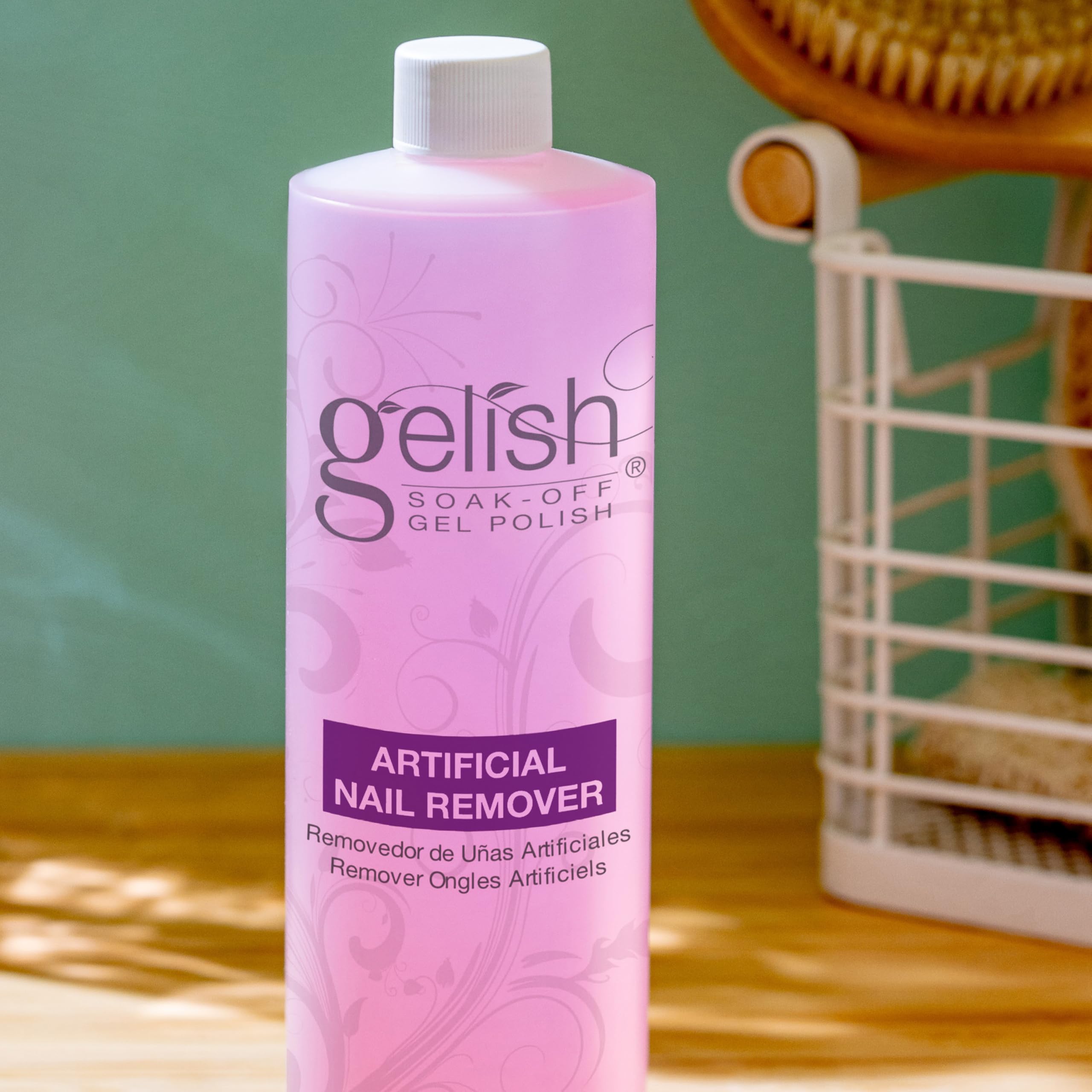Gelish remover on a cotton pad highlighting conditioning formula for hydrated skin.